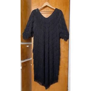 Vintage 80s Does 20s Black Fringe Flapper Dress Midi Maxi Gatsby Sz 14w Plus XL